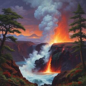 Fiery Volcano Art Print with Lush Greenery